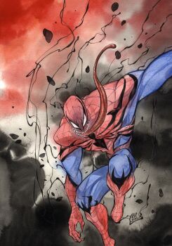 1boy blue_bodysuit bodysuit comic_cover commentary_request cover cover_page full_body highres long_tongue looking_at_viewer male_focus marvel monster_boy multicolored_bodysuit muscular muscular_male official_alternate_costume official_art peach_momoko red_bodysuit sharp_teeth slime_boy solo spider-man spider-man_(series) spider_web_print superhero_costume symbiote teeth tongue venom_(marvel) very_long_tongue