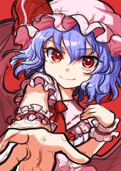 1girl ascot bat_wings blue_hair collared_shirt commentary_request frilled_shirt_collar frills hair_between_eyes hat hat_ribbon highres ishiki_nuru mob_cap pink_hat puffy_short_sleeves puffy_sleeves red_ascot red_background red_eyes red_ribbon remilia_scarlet ribbon shirt short_hair short_sleeves simple_background smile solo touhou upper_body wings wrist_cuffs