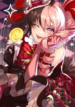 Rule 34 | 1girl, argyle background, asymmetrical gloves, black gloves, bow, brown dress, brown hair, candy, commentary, dress, drill hair, elbow gloves, food, frills, gloves, heart, heart-shaped pupils, highres, holding, holding candy, holding food, holding lollipop, lolita fashion, lollipop, looking at viewer, luna snow, luna snow (cherry delight), marvel, marvel rivals, milord jz, mismatched gloves, multicolored hair, official alternate costume, one eye closed, pink eyes, pink gloves, pink hair, red bow, red streaks, solo, split-color hair, sweet lolita, symbol-shaped pupils, tongue, tongue out, twin drills, white bow