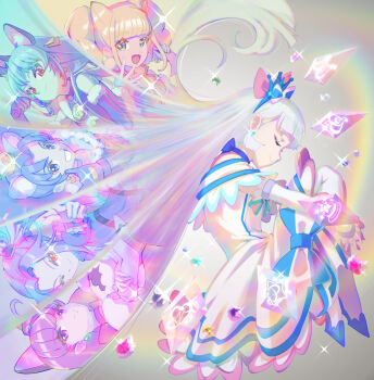 6+girls :d animal_ears blonde_hair blue_gloves blue_hair blue_trim blunt_bangs capelet cat_ears closed_eyes closed_mouth cone_hair_bun cure_beat cure_cosmo cure_gelato cure_macaron cure_nyammy cure_sparkle detached_sleeves dress earrings elbow_gloves fetal_position fur-trimmed_gloves fur_trim gloves gradient_hair green_eyes grin hair_bun hair_intakes healin&#039;_good_precure highres hiramitsu_hinata hugging_own_legs jewelry kirakira_precure_a_la_mode kotozume_yukari looking_at_viewer medium_dress multicolored_hair multiple_girls nekoyashiki_yuki open_mouth orange_eyes pink_hair precure profile purple_eyes purple_gloves purple_hair red_eyes shrimp1634 smile sparkle star_twinkle_precure tategami_aoi white_capelet white_dress white_hair white_sleeves wonderful_precure! yuni_(precure)