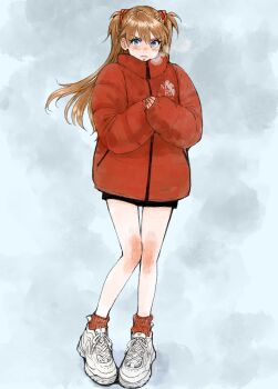 1girl arano_nknk black_shorts blue_eyes blush brown_hair closed_mouth coat full_body grey_background highres interface_headset_(evangelion) long_hair long_sleeves looking_at_viewer neon_genesis_evangelion own_hands_together red_coat red_socks ribbed_socks shoes shorts sleeves_past_wrists sneakers socks solo souryuu_asuka_langley standing white_shoes winter_clothes zipper