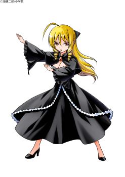 1girl absurdres ahoge arms_up black_dress blonde_hair bow breasts capelet cleavage dress drill_hair hata_kenjirou hayate_no_gotoku! henshin_pose high_heels highres jewelry kamen_rider large_breasts long_hair long_skirt official_art red_eyes skirt solo tennousu_athena twin_drills very_long_hair