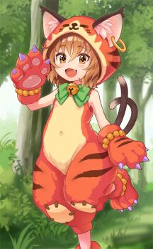 animal_ear_fluff animal_ears animal_hands bead_bracelet beads bell bow bowtie bracelet brown_hair cat_ears cat_tail chen chen_(zodiac_race) earrings fake_claws fang forest gloves gold_bracelet gold_earrings green_bow green_bowtie hood hood_up hooded_jumpsuit hoop_earrings jewelry jigatei_(omijin) jumpsuit leaf leg_up multiple_tails nature nekomata official_alternate_costume official_art open_mouth patchwork_clothes paw_gloves paw_socks short_hair single_earring sleeveless_jumpsuit slit_pupils smile tail tiger_stripes touhou touhou_cannonball tree two_tails waving yellow_eyes