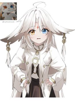 1other abby_(wuthering_waves) ahoge ambiguous_gender black_skirt blue_eyes cloak commentary cryne earrings game_screenshot_inset hair_flaps hands_on_own_hips heterochromia highres jewelry long_hair looking_at_viewer orange_eyes parted_lips personification screenshot_inset simple_background skirt solo symbol-shaped_pupils tacet_mark_(wuthering_waves) twitter_username white_background white_cloak white_hair wuthering_waves