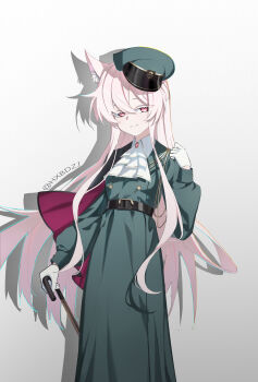 1girl absurdres akira_(blue_archive) akira_(miria)_(blue_archive) animal_ears ascot black_cape blue_archive cane cape cat_ears cat_girl closed_mouth coat gloves green_coat green_hat hair_between_eyes hat highres holding holding_cane hxbdzj long_hair looking_at_viewer official_alternate_costume official_alternate_hairstyle peaked_cap pink_hair red_eyes side_cape sidelocks smile solo white_ascot white_background white_gloves