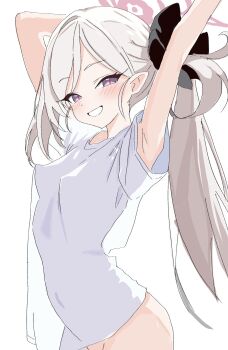 1girl :d armpits arms_up ass blue_archive blush bottomless bow breasts clothing_cutout covered_erect_nipples cowboy_shot groin hair_bow halo highres kamitosayu long_hair mutsuki_(blue_archive) navel_cutout no_bra no_pants open_mouth red_eyes red_halo see-through_clothes see-through_shirt shirt side_ponytail simple_background small_breasts smile solo swept_bangs t-shirt white_background white_hair white_shirt