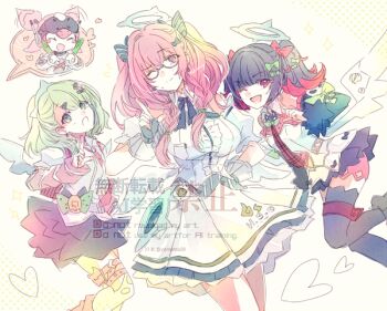Rule 34 | 4girls, aria (robot) (zenless zone zero), aria (zenless zone zero), aria (zenless zone zero) (cosplay), arm warmers, bag, bare shoulders, black hair, black skirt, black thighhighs, bow, breasts, center frills, closed eyes, closed mouth, colored inner hair, commentary request, cosplay, detached sleeves, dress, frills, fur-trimmed sleeves, fur trim, glasses, green bow, green eyes, green hair, green halo, hair bow, halo, heart, humanoid robot, large breasts, long hair, looking at viewer, multicolored hair, multiple girls, multiple hair bows, multiple hair clips, nangong yu, necktie, one eye closed, open mouth, pink arm warmers, pink bag, pink hair, red eyes, red necktie, robot, robot girl, shirt, short twintails, skirt, sleeve bow, striped arm warmers, sunna (zenless zone zero), thighhighs, tsukishiro yanagi, twintails, white dress, white shirt, white wings, winged bag, wings, yamo (sky2world), zenless zone zero