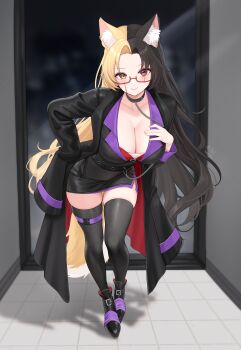 1girl absurdres animal_ear_fluff animal_ears bent_over bibixart black_choker black_coat black_hair black_jacket black_shoes black_skirt black_thighhighs blonde_hair blurry breasts choker cleavage closed_mouth coat commentary commission depth_of_field dog_ears dog_girl dog_tail english_commentary full_body glasses hand_on_own_chest hand_on_own_hip highres indie_virtual_youtuber indoors jacket kwang_hulu large_breasts leash long_hair long_sleeves looking_at_viewer looking_over_eyewear miniskirt multicolored_hair open_clothes open_coat parted_bangs pencil_skirt red-framed_eyewear red_eyes scar scar_across_eye scar_on_face semi-rimless_eyewear shoes skindentation skirt smile solo split-color_hair tail thigh_strap thighhighs two-tone_hair under-rim_eyewear very_long_hair virtual_youtuber wing_collar yellow_eyes zettai_ryouiki
