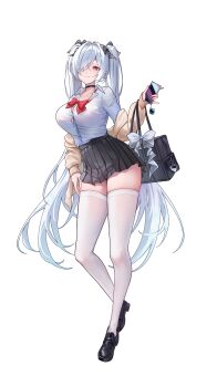 Rule 34 | 1girl, absurdres, alternate costume, bag, black choker, black shoes, black skirt, bow, bowtie, breasts, cela (akeeeeee675), cellphone, choker, cinderella (nikke), closed mouth, full body, goddess of victory: nikke, hair over one eye, hand up, hashtag-only commentary, highres, holding, holding phone, large breasts, loafers, long hair, long sleeves, looking at viewer, phone, red bow, red bowtie, red eyes, school bag, school uniform, shirt, shoes, simple background, skirt, smartphone, smile, solo, standing, thighhighs, twintails, very long hair, white background, white hair, white shirt, white thighhighs, zettai ryouiki