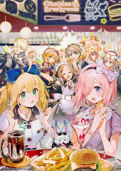 Rule 34 | 2boys, 6+girls, ahoge, apron, artoria caster (fate), artoria pendragon (fate), black dress, black gloves, black hair, black jacket, black shirt, blonde hair, blue bow, blue eyes, blush, bow, breasts, brown hair, burger, buttons, cake, closed eyes, closed mouth, cola, collar, collared dress, collared shirt, dress, fate/extra, fate/grand order, fate (series), food, fou (fate), french fries, fujimaru ritsuka (female), fujimaru ritsuka (male), gem, gloves, gold trim, green eyes, green gemstone, hair bow, highres, holding, ice cream, jacket, leonardo da vinci (fate), long dress, maid, maid headdress, mash kyrielight, medium breasts, multiple boys, multiple girls, namie-kun, nemo (fate), official art, open mouth, orange eyes, orange hair, packet, pink dress, purple eyes, purple sweater, red bow, shirt, short hair, short sleeves, small breasts, smile, sweater, t-shirt, tamamo no mae (fate), twintails, uvula, white bow, white fur, white shirt