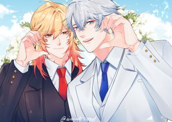 2boys absurdres antenna_hair black_jacket black_vest blonde_hair blue_eyes blue_necktie blue_sky braid collared_shirt commentary eienatsoo english_commentary facial_tattoo gradient_hair half-heart_hands highres honkai:_star_rail honkai_(series) jacket looking_at_viewer male_focus medium_hair multicolored_hair multiple_boys mydei_(honkai:_star_rail) neck_tattoo necktie parted_bangs phainon_(honkai:_star_rail) red_hair red_necktie red_tattoo shirt short_hair side_braid sky tattoo twitter_username vest wedding white_hair white_jacket white_shirt yaoi yellow_eyes