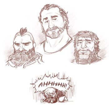 2024 3boys arcane:_league_of_legends artist_self-insert beard connected_beard facial_hair full_beard glasses goatee_stubble headband league_of_legends light_smile loris_(arcane) male_focus multiple_boys mutton_chops neck o_natsuo88 open_mouth rictus_(arcane) screaming shaved_head short_hair sideburns simple_background speech_bubble stubble thick_eyebrows vander_(arcane)