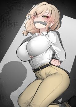 Rule 34 | 1boy, 1girl, absurdres, arms behind back, bdsm, belt, black belt, blonde hair, bound ankles, breasts, cleave gag, cloth gag, gag, gagged, highres, improvised gag, k0ng, large breasts, merc-san (k0ng), one eye closed, original, pants, shadow, shirt, solo focus, white shirt, yellow pants