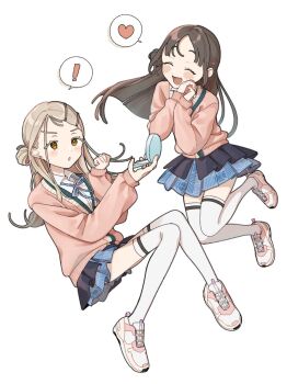 Rule 34 | !, 2girls, black overskirt, blonde hair, blue ribbon, blue skirt, blush, brown hair, cardigan, closed eyes, collared shirt, commentary request, compact (cosmetics), cosmetics, cosplay, facing another, flipped hair, full body, gakuen idolmaster, hair ornament, hair rings, hairclip, hanami ume, hanami ume (cosplay), hands clasped in delight, hands up, hatsuboshi gakuen school uniform, heart, highres, holding, holding compact, idolmaster, kuramoto china, long hair, long sleeves, looking at object, miniskirt, multiple girls, neck ribbon, open mouth, orange eyes, overskirt, own hands clasped, own hands together, parallel hairclips, parted bangs, pink cardigan, pleated skirt, ribbon, school uniform, shinosawa hiro, shirt, shoes, side up ring, simple background, single hair ring, skirt, sks (s3 rosquilla), smile, sneakers, speech bubble, spoken exclamation mark, spoken heart, thighhighs, white background, white shirt, white shoes, white thighhighs