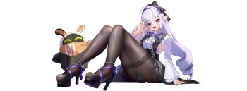 Rule 34 | 1girl, absurdres, ahoge, ascot, bangboo (zenless zone zero), black ribbon, black shoes, black skirt, brown pantyhose, chinese commentary, commentary request, commission, dress, eous (zenless zone zero), full body, hair ribbon, half-heart hands, hand up, high heels, highres, legs, long hair, long sleeves, looking at viewer, majo (pastamajo), open mouth, pantyhose, pointy ears, purple hair, red eyes, ribbon, shoes, simple background, sitting, skirt, thighs, vivian banshee, white ascot, white background, white dress, wide sleeves, zenless zone zero