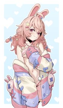 1girl agemmata ahoge animal_ears bandeau bare_shoulders blue_background bow braid breasts clothes_pull collarbone commentary cowboy_shot english_commentary frilled_bandeau frilled_shorts frills hair_between_eyes hair_bow hair_ornament hairclip heart heart_background heart_hair_ornament highres jacket long_hair long_sleeves looking_at_viewer medium_breasts navel off_shoulder open_clothes open_jacket outline phase_connect pink_bandeau pink_hair pink_shorts pipkin_pippa pipkin_pippa_(1st_costume) rabbit_ears rabbit_girl rabbit_hair_ornament red_eyes revision shorts shorts_pull simple_background smile solo star_(symbol) star_hair_ornament stomach stuffed_animal stuffed_rabbit stuffed_toy twin_braids underboob virtual_youtuber white_outline