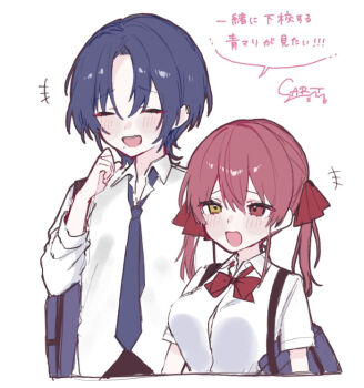 Rule 34 | 2girls, alternate costume, blue hair, blue necktie, closed eyes, commentary request, hair ribbon, heterochromia, hiodoshi ao, hololive, hololive dev is, houshou marine, long hair, looking at viewer, multiple girls, necktie, open mouth, red eyes, red hair, red ribbon, ribbon, saka x x, shirt, short hair, smile, twintails, virtual youtuber, white shirt, yellow eyes