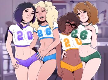 2026 4girls black-framed_eyewear black_choker black_eyes black_hair blonde_hair blue_shorts blurry blurry_background breasts brown_eyes brown_hair choker closed_eyes commentary cowboy_shot crop_top curly_hair dark-skinned_female dark_skin dave_cheung english_commentary erica_brooke_(extracurricular) extracurricular freckles green_shorts grey_eyes hair_ornament hand_on_another's_hip hand_on_another's_waist hand_on_own_chest hand_on_own_thigh head_on_chest highres hug jewelry kinsey_brooke_(extracurricular) large_breasts long_hair looking_at_viewer multicolored_hair multiple_girls navel necklace open_mouth original purple_hair purple_shorts short_hair short_shorts shorts skull_hair_ornament small_breasts smile sunbeam_carter-adams teagan_tao thigh_gap two-tone_hair yellow_shorts