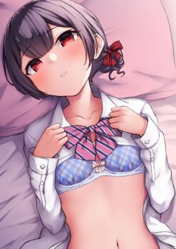 1girl black_hair blue_bra bow bowtie bra breasts collarbone commentary_request diagonal-striped_bow diagonal-striped_bowtie diagonal-striped_clothes hair_ribbon idolmaster idolmaster_shiny_colors long_sleeves looking_at_viewer lying morino_rinze navel nya-c on_back parted_lips pillow pink_bow pink_bowtie plaid_bra plaid_clothes red_eyes red_ribbon ribbon shirt small_breasts solo striped_bow striped_bowtie striped_clothes underwear upper_body white_shirt