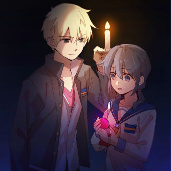 Rule 34 | 1boy, 1girl, black hair, blonde hair, candle, corpse party, gakuran, highres, huakuiliehuo, kishinuma yoshiki, long hair, neckerchief, sailor collar, school uniform, serafuku, shinozaki ayumi, short hair, twintails