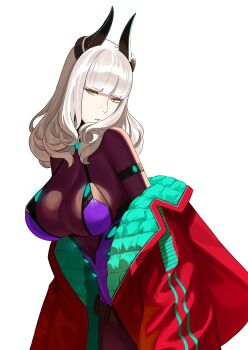 1girl absurdres blunt_bangs bodysuit breasts brown_bodysuit carmilla_(fate) fake_horns fate/grand_order fate_(series) fudayasa highres horns jacket large_breasts leotard long_hair long_sleeves looking_at_viewer off_shoulder purple_leotard red_jacket see-through_cleavage see-through_clothes simple_background solo white_background white_hair yellow_eyes