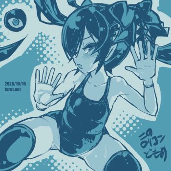 1girl backbeako_(torotei) backbeard blue_background blue_theme blush breasts commentary dated dated_commentary dutch_angle gegege_no_kitarou gloves hair_over_one_eye hair_ribbon hands_up kono_lolicon_domome long_hair looking_at_viewer monochrome one-piece_swimsuit one_eye_closed open_mouth original paid_reward_available pear-shaped_figure pointy_ears ribbon simple_background sitting small_breasts solo spread_legs sweat swimsuit thighhighs torotei translated twintails watermark web_address