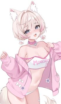 1girl :d absurdres adapted_costume animal_ear_fluff animal_ears bandaid bandaid_on_leg bikini blonde_hair blue_eyes blush braid breasts cleavage clothes_writing commentary dog_ears dog_girl dog_tail fang frilled_straps hashtag-only_commentary highres hololive hololive_english jacket jacket_over_swimsuit looking_at_viewer low_twin_braids mococo_abyssgard mococo_abyssgard_(casual) multicolored_hair navel off_shoulder open_clothes open_jacket open_mouth pentagram pink_hair pink_jacket ri_nyahn short_hair simple_background skin_fang small_breasts smile solo streaked_hair swimsuit tail twin_braids virtual_youtuber white_background white_bikini