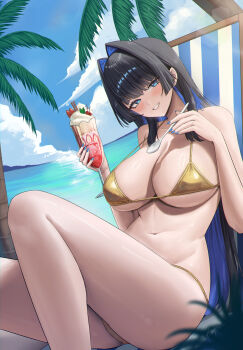 1girl :d absurdres bikini black_hair blue_eyes blue_hair blue_sky blunt_bangs breasts cleavage cloud colored_inner_hair commentary cup day drinking_glass food gold_bikini grin hair_intakes highres holding holding_cup holding_spoon hololive hololive_english large_breasts long_hair looking_at_viewer multicolored_hair navel ocean official_alternate_hairstyle open_mouth ouro_kronii outdoors parfait rayn3 sitting sky smile solo spoon stomach string_bikini swimsuit very_long_hair virtual_youtuber