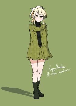 1girl black_sweater boots brown_eyes character_name closed_mouth coat commentary dated full_body green_background green_boots green_coat green_skirt green_theme hand_on_own_shoulder happy_birthday highres long_sleeves love_live! love_live!_nijigasaki_high_school_idol_club medium_hair miniskirt miyashita_ai open_clothes open_coat plaid_clothes plaid_coat plaid_skirt pleated_skirt ponytail shadow sidelocks simple_background skirt smile solo split_mouth standing sweater turtleneck turtleneck_sweater yozorapi