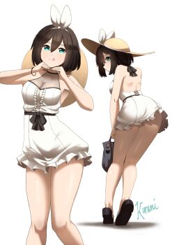 absurdres armpits back black_hair blue_eyes borrowed_character breasts cleavage dress fav_faris hat highres kurumi_(zero0ex) original ribbon simple_background sun_hat thighs white_dress white_ribbon