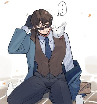 ... 1boy adjusting_eyewear alternate_costume animal animal_on_shoulder argyle_clothes argyle_coat argyle_necktie arm_behind_head arm_up bag beard_stubble bird black-framed_eyewear black-framed_glasses black_gloves blue_coat blue_necktie brown_bag brown_eyes brown_hair brown_trim brown_vest closed_mouth coat collared_shirt dress_shirt facial_hair facing_viewer formal_clothes frown full_body glasses gloves gregor_(project_moon) hair_between_eyes hair_intakes half-closed_eyes hand_up highres jacket kneeling limbus_company long_hair long_sleeves looking_at_animal looking_at_another looking_down looking_to_the_side low_ponytail male_focus motion_lines mouth_hold necktie off-shoulder_coat off_shoulder official_alternate_costume open_clothes open_coat pants parted_bangs pigeon ponytail project_moon rectangular_eyewear rubbing_head seiza shadow shirt shoes simple_background sitting solo speech_bubble spoken_ellipsis spoken_sweatdrop stubble suit suit_jacket sunglasses sweatdrop tinted_eyewear two-sided_fabric v-shaped_eyebrows vest white_background white_shirt zwei_association_south_uniform