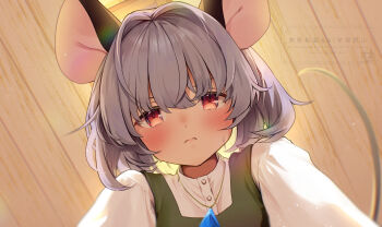 Rule 34 | 1girl, animal ears, ari don, blue gemstone, blush, closed mouth, commentary request, gem, grey hair, grey vest, hair intakes, highres, jewelry, long sleeves, looking at viewer, mouse ears, mouse girl, mouse tail, nazrin, necklace, pendant, red eyes, shirt, short hair, solo, tail, touhou, upper body, vest, white shirt, wooden ceiling, yukadon on viewer