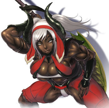 Rule 34 | 1girl, armor, bent over, breasts, capcom, chinbotsu, cleavage, curvy, dark-skinned female, dark skin, dober (armor), female focus, grey eyes, hip focus, horns, huge breasts, huge weapon, large breasts, leaning forward, lips, looking at viewer, monster hunter (series), monster hunter 3, muscular, muscular female, shadow, smile, solo, sword, thick thighs, thighs, twintails, weapon, white hair, wide hips