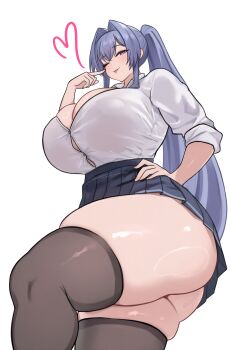 1girl ;p absurdres azur_lane black_skirt black_thighhighs blue_eyes blue_hair breasts bursting_breasts closed_mouth commentary_request erufura hair_between_eyes hair_intakes hand_on_own_hip heart highres huge_breasts looking_at_viewer new_jersey_(azur_lane) one_eye_closed pleated_skirt plump ponytail shirt sidelocks simple_background skirt sleeves_rolled_up solo standing thick_thighs thighhighs thighs tongue tongue_out white_background white_shirt