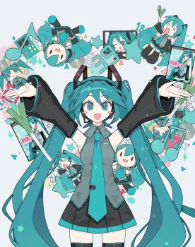 Rule 34 | 1girl, armpits, bare shoulders, black boots, black skirt, black sleeves, black thighhighs, blank eyes, blue eyes, blue hair, blue necktie, blush, blush stickers, boots, box, cd, chibi, collared shirt, commentary, cover, detached sleeves, doll, dvd cover, facing viewer, food, frilled shirt, frills, fuwapuchi, game boy, gift, gift box, grey background, grey shirt, hachune miku, hair between eyes, hair ornament, hairclip, handheld game console, hatsune miku, headphones, heart, highres, holding, holding food, holding spring onion, holding vegetable, long hair, looking at viewer, microphone, minazuki (minaduki 0318), miniskirt, musical note, necktie, open mouth, outstretched arms, rainbow, shirt, sidelocks, skirt, sleeveless, sleeveless shirt, smile, solo, spring onion, star (symbol), star in eye, straight-on, striped clothes, striped shirt, striped skirt, striped sleeves, striped thighhighs, stuffed toy, symbol in eye, thigh boots, thighhighs, thighs, toy, twintails, untranslatable commentary, vegetable, vertical-striped clothes, vertical-striped shirt, very long hair, vocaloid, wide sleeves, zettai ryouiki