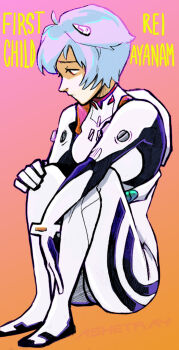 artist_name ashetray ayanami_rei blue_hair bodysuit character_name commentary english_commentary expressionless gradient_background hand_on_own_knee highres interface_headset_(evangelion) looking_to_the_side mecha_pilot_suit neon_genesis_evangelion orange_background pink_background plugsuit_(evangelion) short_hair sitting two-tone_background typo white_bodysuit