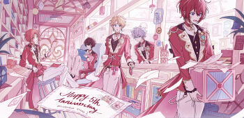 Rule 34 | 5boys, absurdres, beads, black hair, black shirt, blonde hair, blue eyes, bookshelf, bow, box, brooch, buttons, chair, choker, coattails, commentary, counter, cowboy shot, cup, curtained hair, drawer, ensemble stars!, fleur-de-lis, full body, fwfoooo, green eyes, grey hair, hair between eyes, hanging light, happy anniversary, heart, heart brooch, heart choker, highres, holding, holding box, holding cup, holding paper, indoors, jacket, jewelry, knights (ensemble stars!), lamp, lapels, leaning back, leaning on table, letter, love collector (ensemble stars!), male focus, medium hair, mug, multiple boys, narukami arashi, on chair, open mouth, orange hair, paper, pink theme, postage stamp, purple eyes, red bow, red choker, red eyes, red hair, sakuma ritsu, sena izumi (ensemble stars!), shirt, short hair, sitting, standing, suou tsukasa, surprised, sweat, table, tailcoat, tsukinaga leo, white jacket