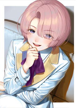 1girl arimura_mao asymmetrical_bangs blush border commentary_request gakuen_idolmaster hand_on_own_chin highres idolmaster jacket lapels long_sleeves looking_at_viewer neck_ribbon nekopuchi pink_hair purple_eyes purple_ribbon ribbon short_hair smile solo stroking_own_chin teeth upper_teeth_only white_border white_jacket