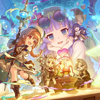 6+girls ahoge album_cover alces_alchemy_atelier_(princess_connect!) ameth_(princess_connect!) animal_ears bare_shoulders belt blue_eyes blunt_bangs book boots braid breasts brown_boots brown_eyes brown_hair bug butterfly butterfly_net cd chair chemistry closed_mouth cover cygames deer_ears deer_girl eighth_note english_text eyewear_on_head fang flask flower frilled_skirt frills glasses gloves green_hair hair_flower hair_ornament hand_net hand_on_book hand_on_own_chin hat highres holding holding_butterfly_net holding_wand holding_weapon horns in_net insect iroha_(princess_connect!) lamp logo long_hair louise_marie medium_breasts midriff miniskirt multicolored_hair multiple_girls musical_note navel nebbia_(princess_connect!) nozomi_(alchemist)_(princess_connect!) nozomi_(princess_connect!) official_art open_book open_hand open_mouth pointy_ears princess_connect! purple_hair round_eyewear sitting skirt smoke sono_(princess_connect!) sparkle standing standing_on_another&#039;s_shoulder sunglasses sword table textless_version thighs title tongue two-tone_hair wand weapon