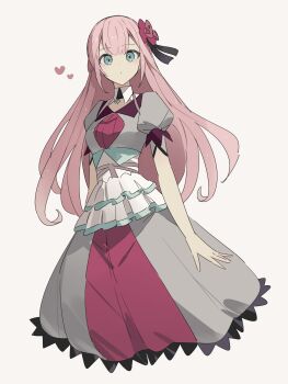 Rule 34 | 1girl, :o, blue eyes, center-flap bangs, commentary request, double-parted bangs, dress, george man, grey dress, heart, highres, long hair, open mouth, pink hair, puffy short sleeves, puffy sleeves, rosalind rusveri, short sleeves, solo, white background, ys, ys x: nordics