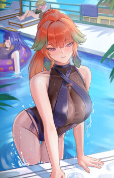 3girls absurdres bare_shoulders blue_one-piece_swimsuit breasts collarbone earrings feather_earrings feathers grin high_ponytail highres hololive hololive_english innertube jewelry large_breasts looking_at_viewer mori_calliope multiple_girls ninomae_ina&#039;nis one-piece_swimsuit orange_hair perfume_(takanashi_kiara) ponytail pool puppnett purple_eyes smile solo_focus swim_ring swimsuit takanashi_kiara virtual_youtuber wading water wet
