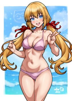 1girl absurdres artist_name bare_arms bare_shoulders bikini blonde_hair blue_eyes blush border breasts commentary commission cowboy_shot english_commentary hair_ribbon hands_up highres hunie_(series) huniepop ko-fi_commission large_breasts legs_together long_hair looking_at_viewer low_twintails navel open_mouth outside_border pink_bikini red_ribbon ribbon rotomdocs smile solo standing stomach swimsuit thigh_gap tiffany_maye twintails v very_long_hair white_border