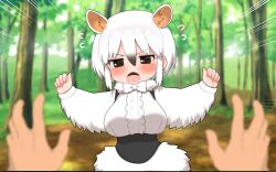 Rule 34 | 1girl, animal ears, anteater ears, black hair, blush, bow, bowtie, breasts, brown eyes, commentary, extra ears, forest, frills, hair between eyes, highres, kemono friends, kemono friends 3, large breasts, long sleeves, multicolored hair, nature, open mouth, paid reward available, pov, ransusan, shirt, short hair, skirt, southern tamandua (kemono friends), tail, tamandua ears, tamandua tail, white hair