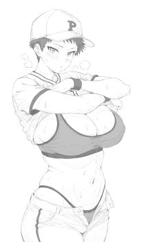 Rule 34 | 1girl, baseball cap, baseball uniform, breasts, cleavage, clothes lift, commentary request, hat, large breasts, monochrome, original, panties, pants, ranhatu, shirt lift, short hair, solo, sports bra, sportswear, sweat, unbuttoned, underwear, undressing, very short hair, wristband