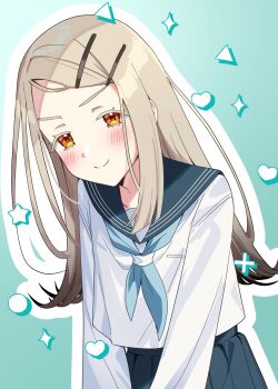 >:) 1girl aqua_neckerchief blonde_hair blue_sailor_collar blue_skirt colored_eyelashes colorful_background commentary_request flipped_hair gakuen_idolmaster hair_ornament hairclip highres idolmaster long_hair neckerchief orange_eyes parallel_hairclips pleated_skirt sailor_collar school_uniform serafuku shinosawa_hiro shirt skirt smile solo sumomo_otome upper_body v-shaped_eyebrows white_shirt