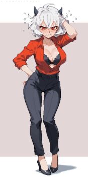 1girl annoyed archapxl black_bra black_horns black_pants blush bra breasts demon demon_girl demon_horns drunk hand_on_own_head hand_on_own_hip helltaker high_heels highres horns looking_at_viewer malina_(helltaker) open_clothes open_shirt pants pixel_art red_eyes red_shirt shirt short_hair standing underwear white_hair