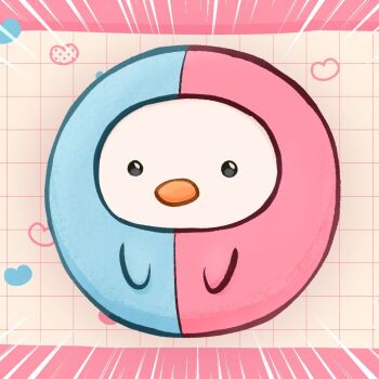 Rule 34 | artist request, chromashift, commentary, emphasis lines, english commentary, full body, grid background, heart, mascot, no humans, official art, pink background, skrunkly (rin penrose), solo, split-color clothes