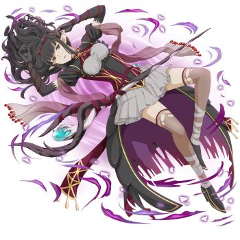 Rule 34 | 1girl, anime coloring, arm up, bandaged ankle, black dress, black gloves, black hair, black shoes, blunt bangs, breasts, danmachi memoria freese, dress, dungeon ni deai wo motomeru no wa machigatteiru darou ka, elbow gloves, elf, filvis challia, floating, floating hair, framed breasts, full body, gloves, gold trim, grey dress, hair spread out, hand up, high-low dress, layered dress, long hair, looking at viewer, lying, mage staff, medium breasts, multicolored dress, official alternate costume, official art, on back, parted lips, pointy ears, puffy short sleeves, puffy sleeves, red eyes, see-through clothes, see-through thighhighs, shoes, short sleeves, solo, staff, thighhighs, third-party source, torn clothes, torn thighhighs