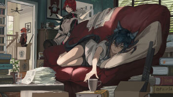 3girls absurdres animal animal_ears arknights bird black_hair black_shorts black_sleeves black_tail book bookshelf box brown_jacket brown_pantyhose cardboard_box ceiling_fan clothes_writing coffee_mug commentary_request couch croissant_(arknights) cup day detached_wings drinking_glass emperor_(arknights) exusiai_(arknights) grey_jacket hair_between_eyes hair_over_one_eye head_on_pillow highres indoors jacket kasumi_yuzuha long_hair long_sleeves looking_at_another looking_at_viewer lying mug multicolored_hair multiple_girls on_couch on_side one_eye_covered open_mouth orange_hair outstretched_arm pantyhose paper paper_stack penguin penguin_logistics_(arknights) picture_frame pile_of_books pillow plant ponytail potted_plant railing red_hair shirt short_hair short_sleeves shorts sitting smile streaked_hair t-shirt table tail texas_(arknights) water white_shirt window wings wolf_ears wolf_girl wolf_tail wooden_railing yellow_eyes