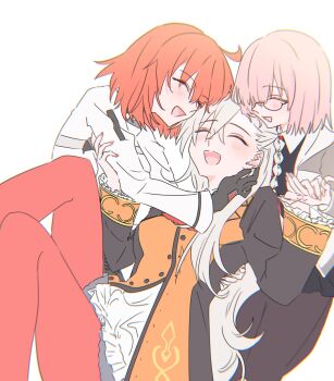 3girls ahoge arms_around_neck ascot black-framed_eyewear black_gloves blush braid breasts chaldea_uniform closed_eyes command_spell dpw6p39pwizgzdz dress fate/grand_order fate_(series) fujimaru_ritsuka_(female) fujimaru_ritsuka_(female)_(decisive_battle_chaldea_uniform) glasses glomp gloves group_hug hair_over_one_eye highres hug jacket long_hair long_sleeves mash_kyrielight multiple_girls olga_marie_animusphere open_mouth orange_hair pink_hair short_hair side_braid smile very_long_hair white_dress white_hair white_jacket